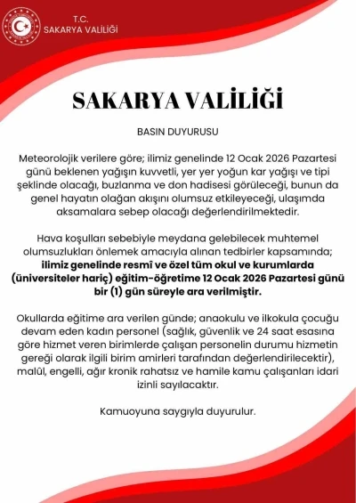Sakarya&rsquo;da eğitime kar tatili
