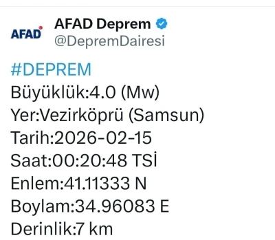 Samsun Vezirk&ouml;pr&uuml;&rsquo;de gece yarısı korkutan deprem
