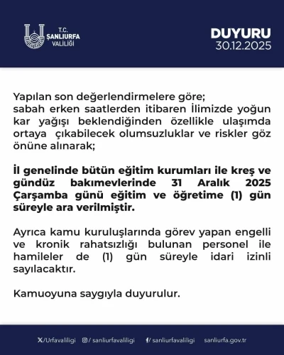 Şanlıurfa&rsquo;da okullar yarın tatil
