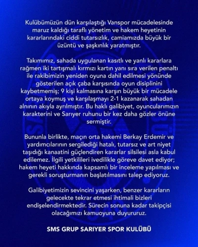 Sarıyer’den, Vanspor maçının hakem heyeti hakkında soruşturma talebi
