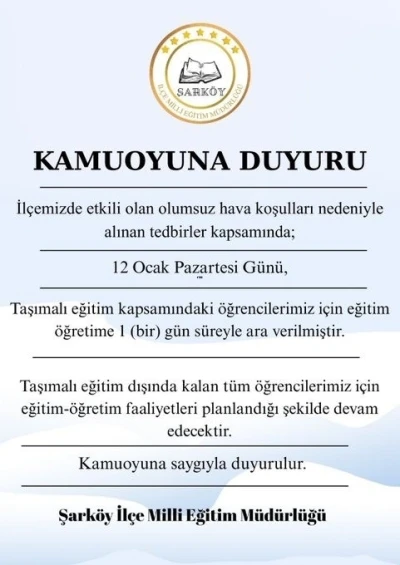 Şark&ouml;y&rsquo;de taşımalı eğitime bir g&uuml;n ara verildi
