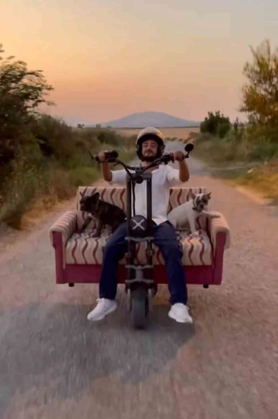 Scootere koltuk monte edip, köpekleriyle yolculuk yaptı
