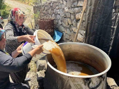Servi k&ouml;y&uuml;nde asırlık gelenek yaşatılıyor: Dut pekmezi b&uuml;y&uuml;k emeklerle hazırlanıyor
