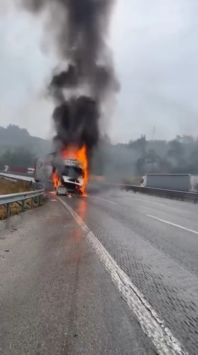 Seyir halindeki tır alev alev yandı
