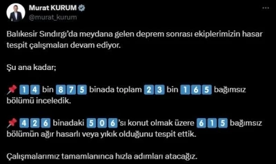Sındırgı depremi sonrası hasar tespit çalışmaları devam ediyor
