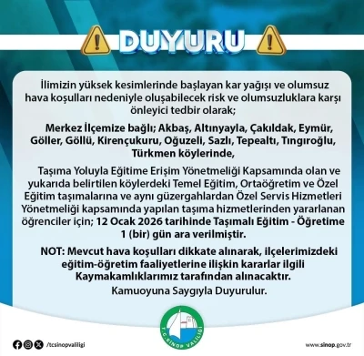 Sinop&rsquo;ta taşımalı eğitime kar engeli
