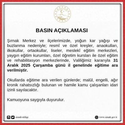 Şırnak&rsquo;ta okullar &ccedil;arşamba g&uuml;n&uuml; tatil edildi
