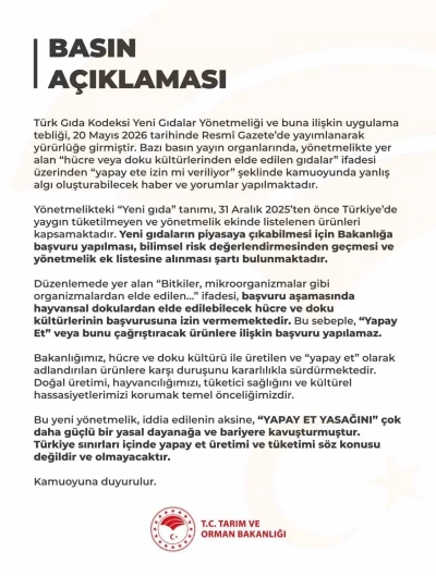 Tarım ve Orman Bakanlığı: "T&uuml;rkiye sınırları i&ccedil;inde yapay et &uuml;retimi ve t&uuml;ketimi s&ouml;z konusu değildir"
