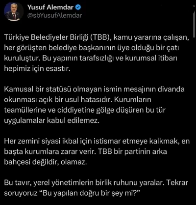 TBB&rsquo;de kriz oluşturan &lsquo;mektup&rsquo; gerginliği sonrası Alemdar&rsquo;dan sert eleştiri
