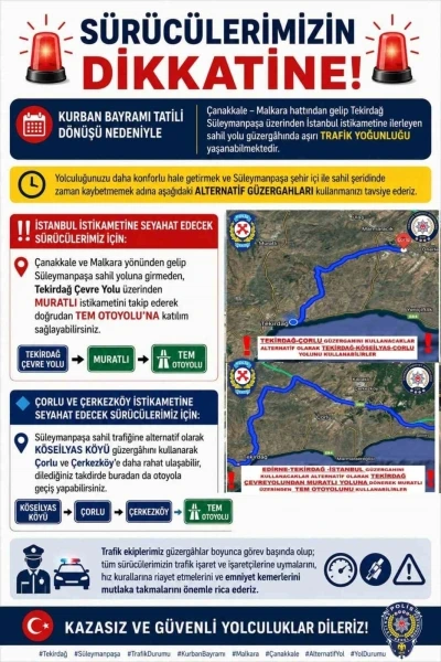 Tekirdağ Emniyet M&uuml;d&uuml;rl&uuml;ğ&uuml;&rsquo;nden bayram d&ouml;n&uuml;ş&uuml; trafik uyarısı
