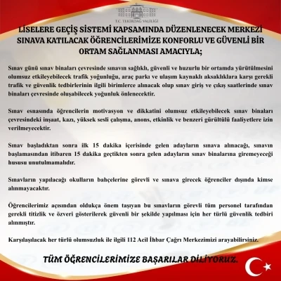 Tekirdağ Valiliği Duyurdu: Sınav saatlerinde g&uuml;r&uuml;lt&uuml;l&uuml; faaliyetlere yasak
