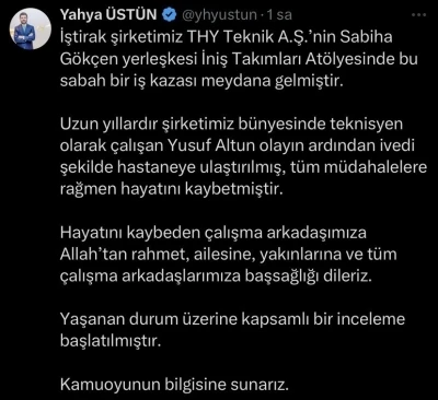 THY İletişim Başkanı Yahya Üstün’den &quot;iş kazası&quot; açıklaması
