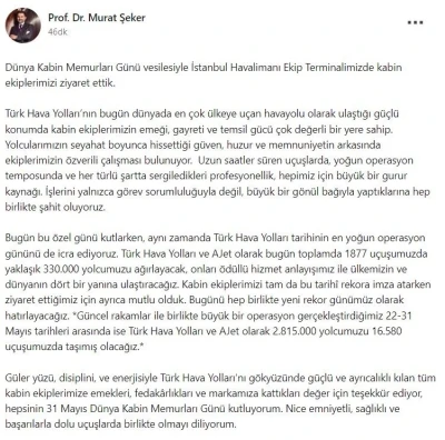 THY Y&ouml;netim Kurulu Başkanı Murat Şeker, D&uuml;nya Kabin Memurları G&uuml;n&uuml;&rsquo;n&uuml; kutladı

