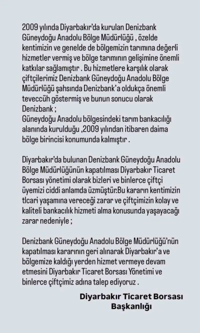 Ticaret Borsasından özel bankanın bölge müdürlüğünün kapatılması kararının geri alınması talebi
