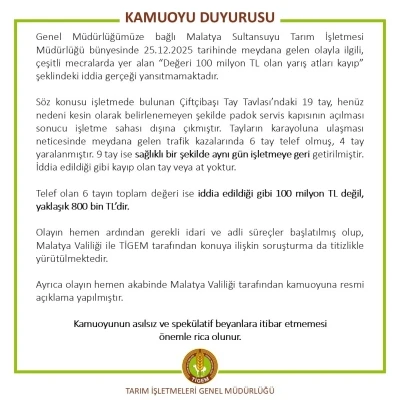 TİGEM&rsquo;den &rsquo;değeri 100 milyon lira olan yarış atları kayıp&rsquo; iddialarına yalanlama
