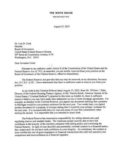 Trump, Fed Yönetim Kurulu Üyesi Lisa Cook’u görevden aldığını duyurdu: Fed’in 111 yıllık tarihinde ilk
