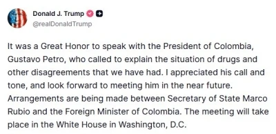 Trump, Kolombiya Devlet Başkanı Petro ile telefonda konuştuğunu duyurdu: "Beni aramasını ve &uuml;slubunu takdir ettim"
