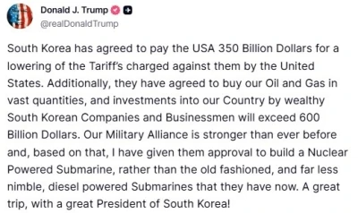 Trump: &quot;Güney Kore ABD’ye toplam 950 milyar dolarlık yatırım yapacak&quot;
