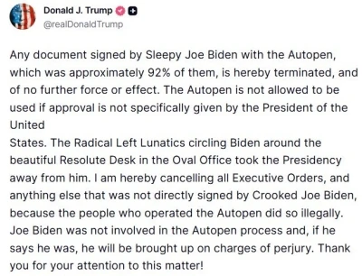 Trump, Selefi Biden’ın kendisi tarafından imzalanmadığını öne sürdüğü tüm başkanlık kararnamelerini iptal etti
