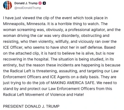 Trump&rsquo;tan G&ouml;&ccedil;menlik ve G&uuml;mr&uuml;k Muhafaza Dairesi ajanlarının bir kadını vurarak &ouml;ld&uuml;rmesi ile ilgili a&ccedil;ıklama
