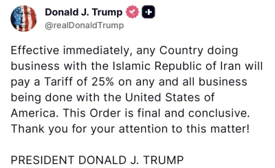 Trump&rsquo;tan İran ile iş yapan &uuml;lkelere yaptırım kararı: "Y&uuml;zde 25 g&uuml;mr&uuml;k vergisi uygulanacak"
