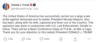 Trump, Venezuela&rsquo;ya saldırıyı doğruladı: "Maduro ve eşi yakalanarak &uuml;lkeden &ccedil;ıkarıldı"
