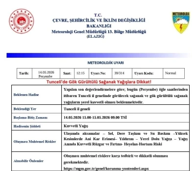 Tunceli i&ccedil;in sağanak yağış uyarısı
