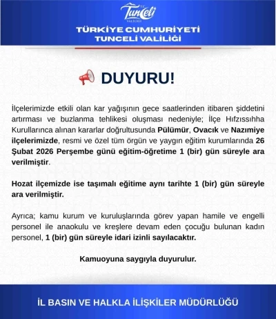 Tunceli&rsquo;nin 3 il&ccedil;esinde eğitime 1 g&uuml;n ara verildi
