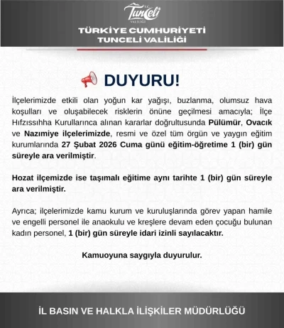 Tunceli&rsquo;nin 3 il&ccedil;esinde eğitime bir g&uuml;n ara
