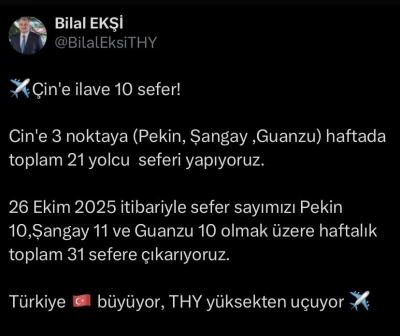 Türk Hava Yolları’ndan Çin’e 10 ek sefer
