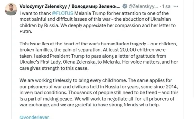 Ukrayna Devlet Başkanı Zelenskiy’den ABD First Lady’si Melania Trump’a teşekkür
