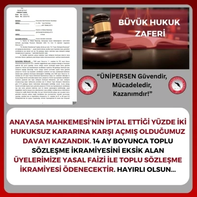 ÜNİPERSEN açtığı davayı kazandı, toplu sözleşme ikramiyesini eksik alan kamu görevlilerine ödeme yapılacak
