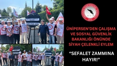 ÜNİPERSEN, Çalışma ve Sosyal Güvenlik Bakanlığı önüne siyah çelenk bıraktı
