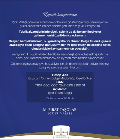 Vali Taşolar&rsquo;dan tebrikler i&ccedil;in anlamlı &ccedil;ağrı: "&Ccedil;i&ccedil;ek yerine fidan bağışı"
