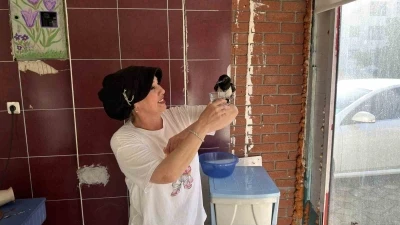 Yaralı bulduğu yavru saksağan kahvaltı arkadaşı oldu
