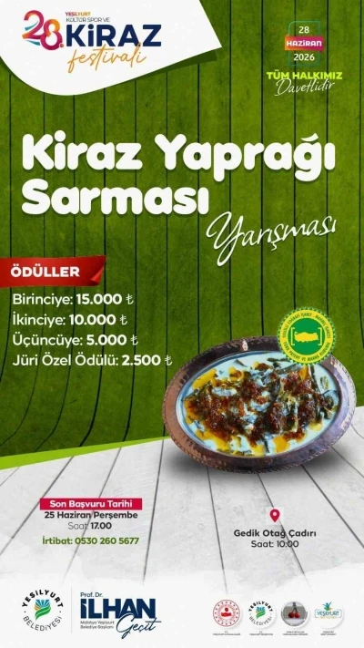 Yeşilyurt&rsquo;un &uuml;nl&uuml; lezzeti "Kiraz Yaprağı Sarması" i&ccedil;in 28 Haziran&rsquo;da yarışma d&uuml;zenlenecek
