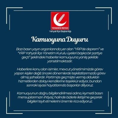 YRP Kayseri İl Başkanlığı&rsquo;ndan kamuoyu a&ccedil;ıklaması
