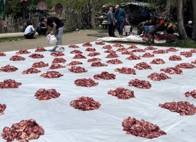 Y&uuml;ksekova&rsquo;da 100 yıllık gelenek: 140 kurban kesildi, etler t&uuml;m k&ouml;ye eşit dağıtıldı
