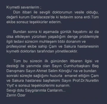 Zerrin &Ouml;zer&rsquo;den tedavi s&uuml;reciyle ilgili a&ccedil;ıklama
