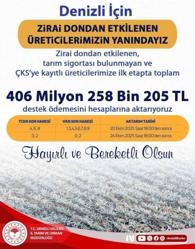 Zirai dondan etkilenen üreticilere 406 milyonluk destek
