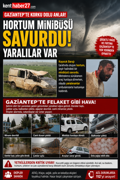 Gaziantep&rsquo;te hortum dehşeti: Minib&uuml;s&uuml; savurdu, yaralılar var!