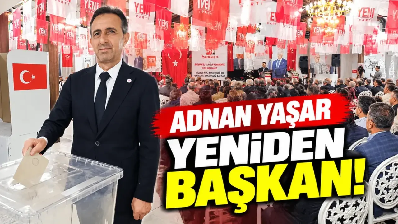 Batman’daki Yeni Parti kongresinde Adnan Yaşar ve yeni yönetim kurulunu gösteren toplantı görüntüsü