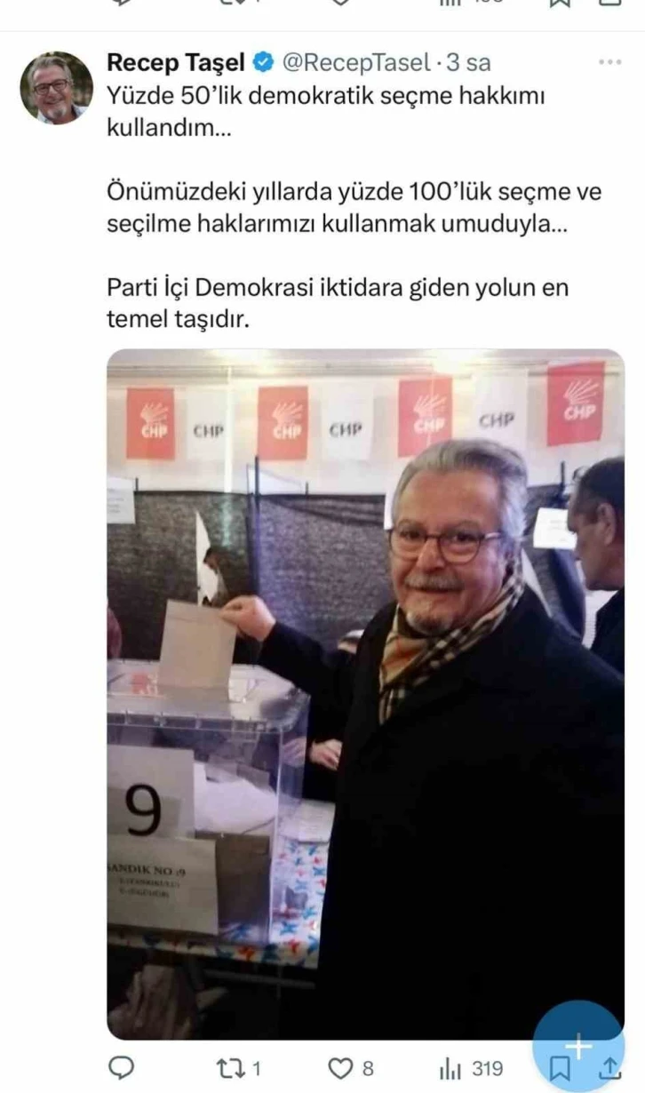 CHP eski İl Başkanı Taşel’den meclis üyesi aday seçimlerine "yüzde 50 demokrasi" yorumu
