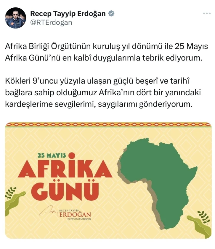 Cumhurbaşkanı Erdoğan’dan Afrika Günü paylaşımı
