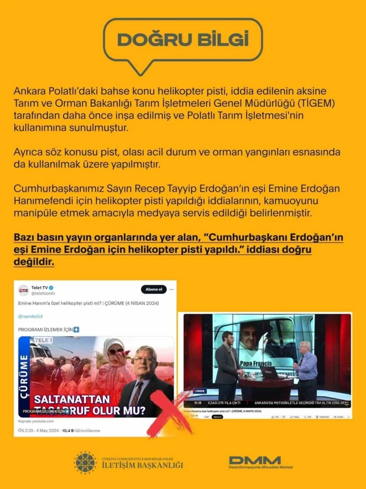 Dezenformasyonla Mücadele Merkezi: “’Cumhurbaşkanı Erdoğan’ın eşi Emine Erdoğan için helikopter pisti yapıldı’ iddiaları doğru değildir"

