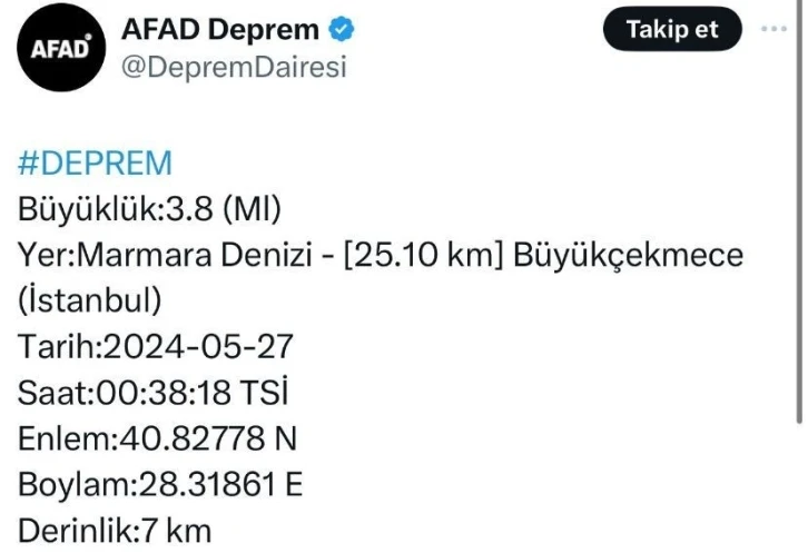 Marmara Denizi’nde 3,8 büyüklüğünde deprem
