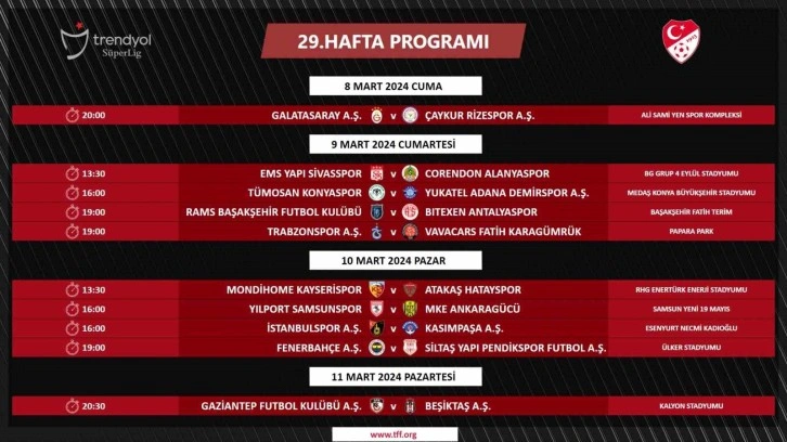 TFF, Süper Lig 29. Hafta Programında Değişiklik Yaptı