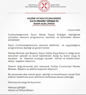 Bakan Şimşek: “TCBM Başkanı Erkan’ın aldığı karar şahsidir”
